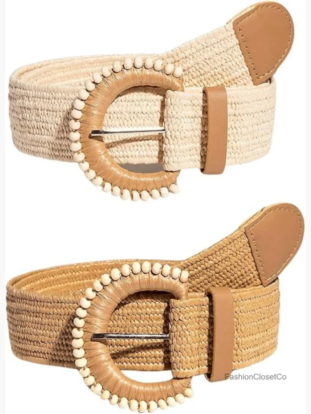 2 Pack Stretch Woven Raffia Belts Boho Dress Belt Circle Buckle